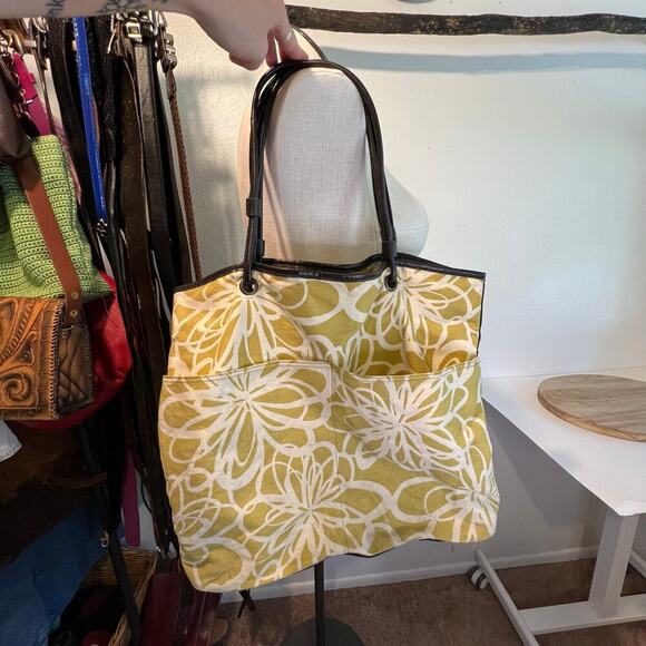 Large Yellow Retro Floral Beach Summer Brown Vegan Leather Trim Tote Bag - Picture 2 of 16